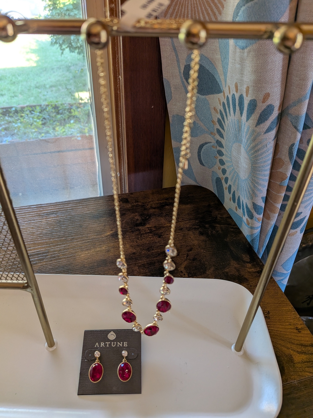 Artune Gold-tone Simulated Ruby And Cubic Zirconia Necklace & Earring Set